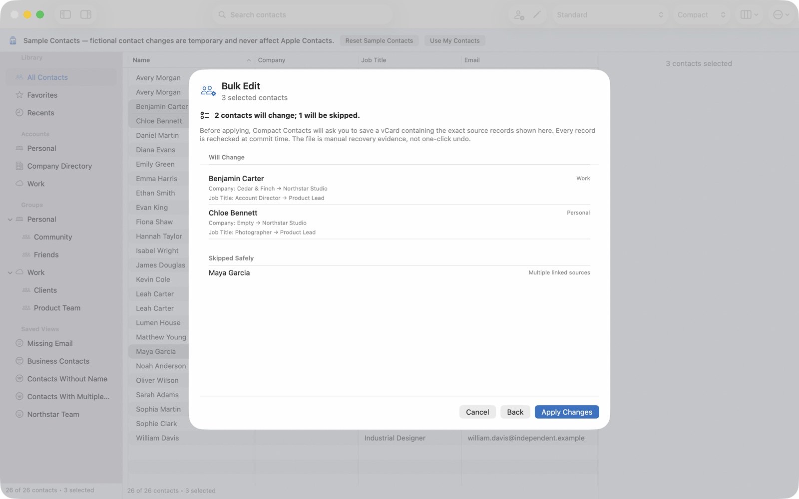 Bulk Edit preview showing eligible and skipped contacts before applying a change