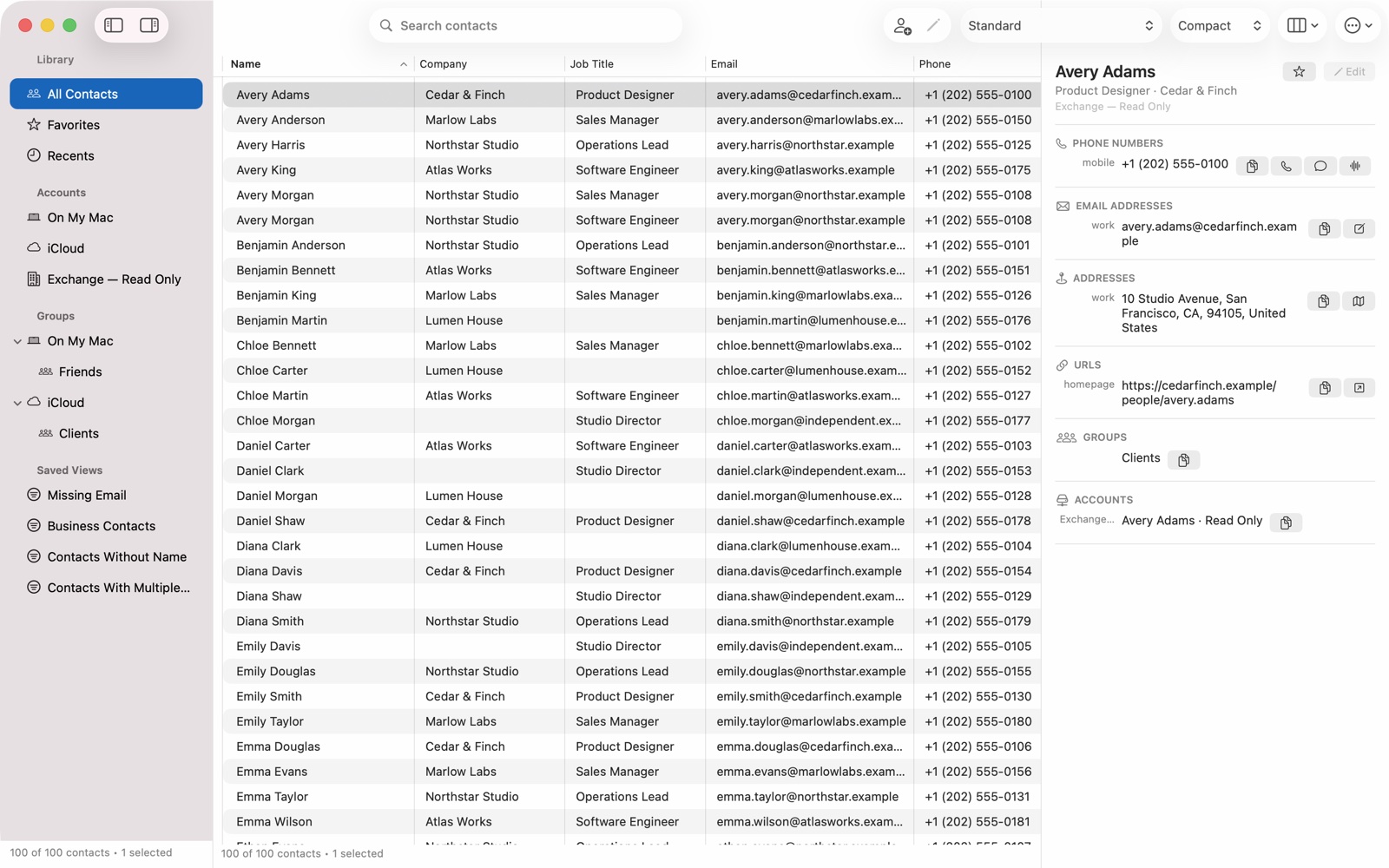 Compact Contacts showing a dense contact table, account and group sidebar, and contact details panel