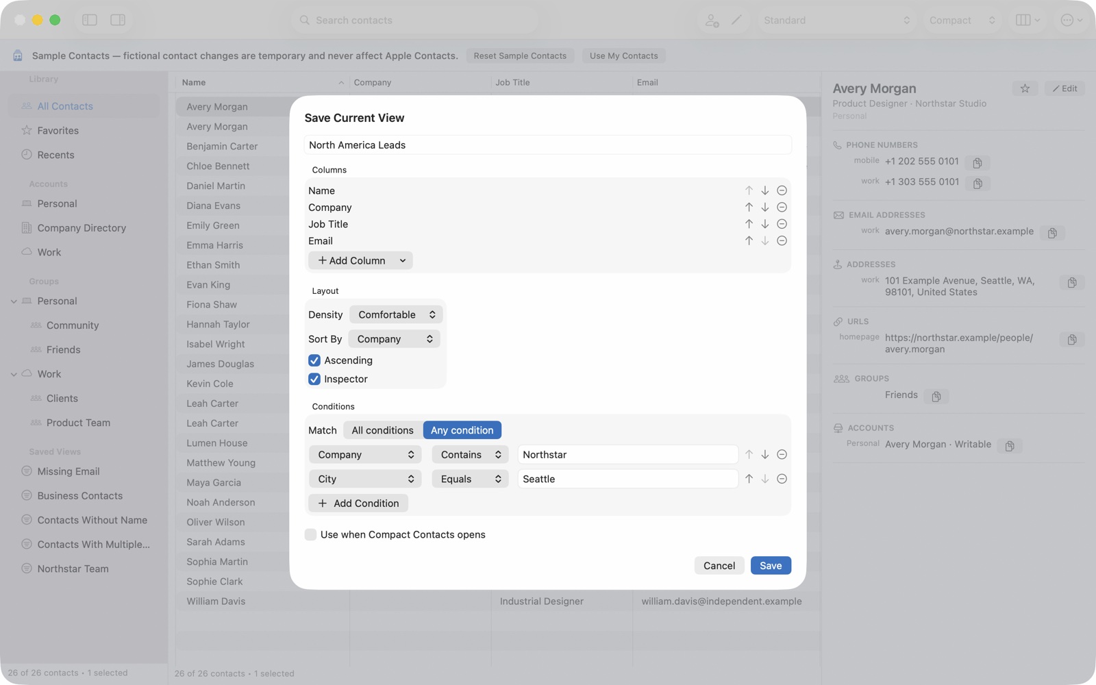 Saved View editor with multiple contact conditions